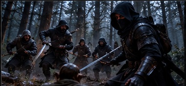 Black Briars mercenaries on a forest road