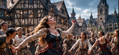 Citizens dancing uncontrollably in the streets of Stahlburg