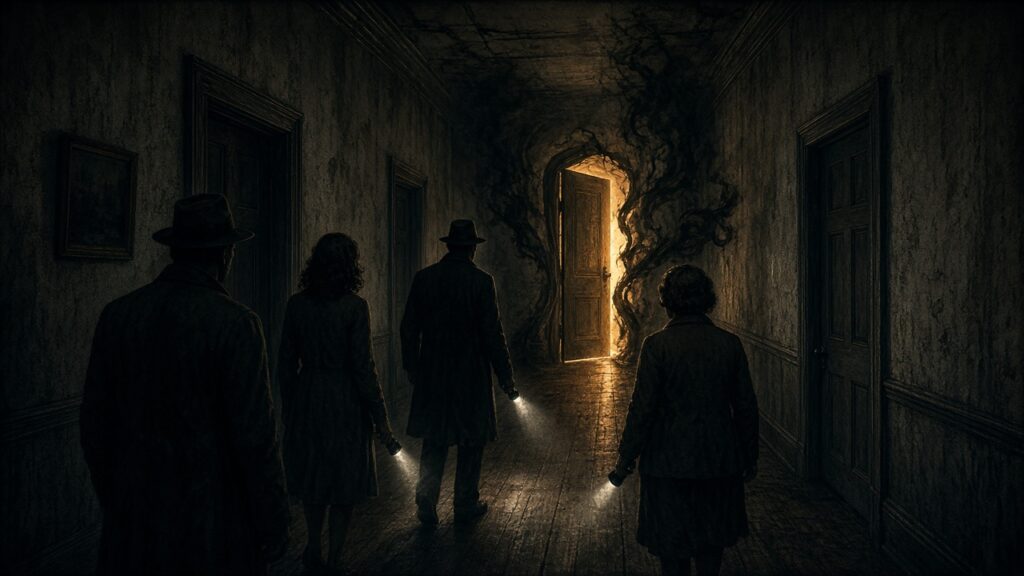 Four investigators with flashlights approach an impossible glowing door at the end of a dark hallway